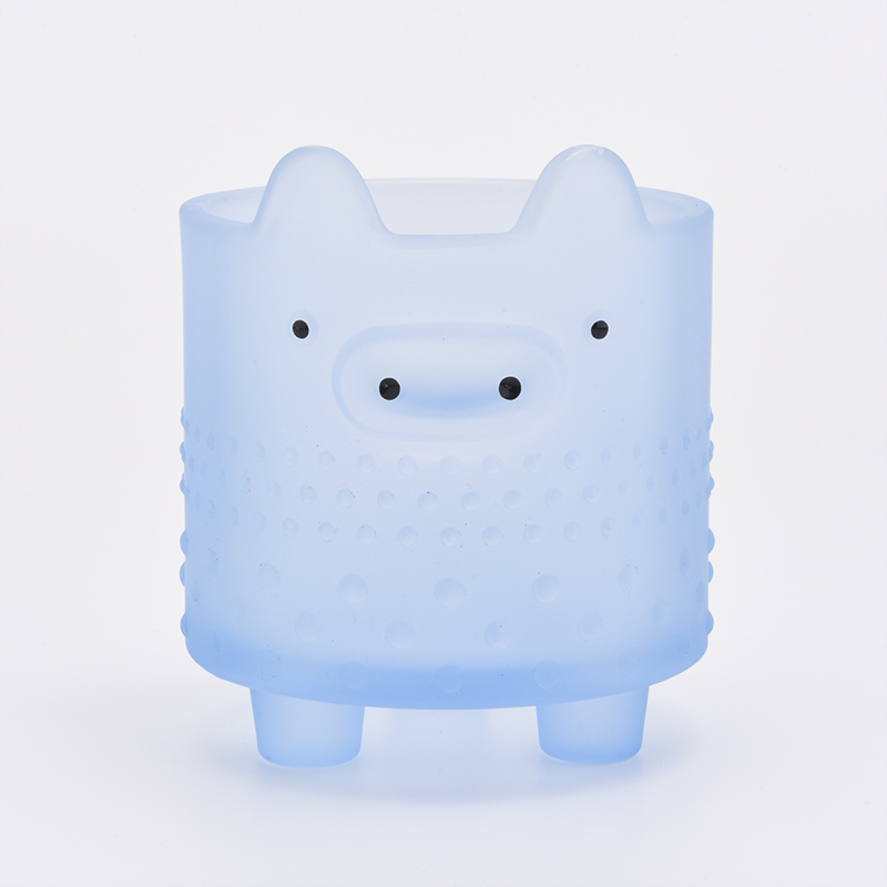 10 Unzen Glas Kerzenhalter mit blauer Farbe und Schwein Gesicht Kerzenglas für Wohnkultur
