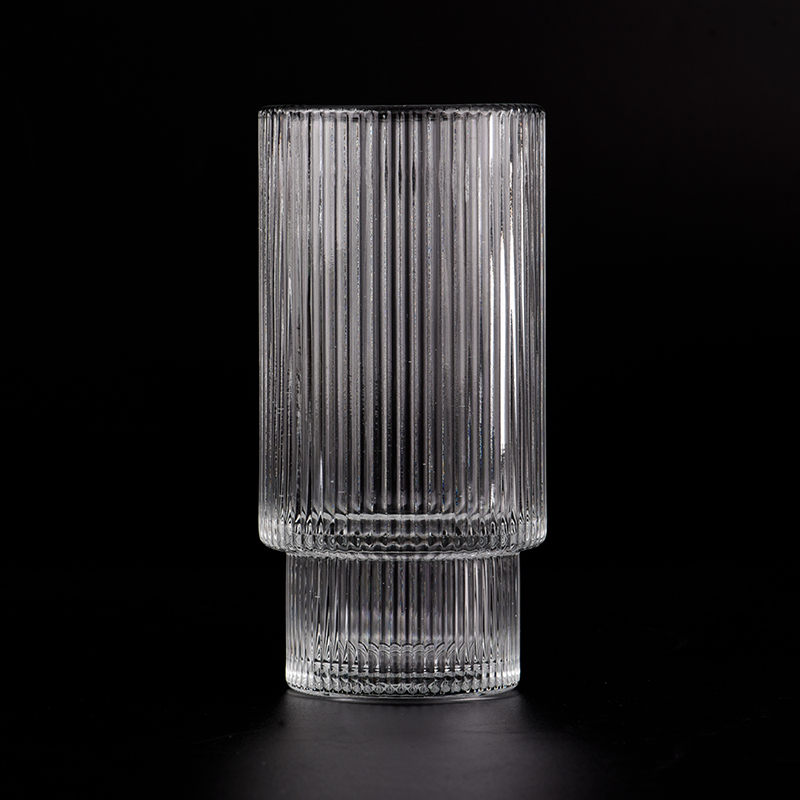 11OZ垂直条纹玻璃烛台阶梯玻璃罐批发