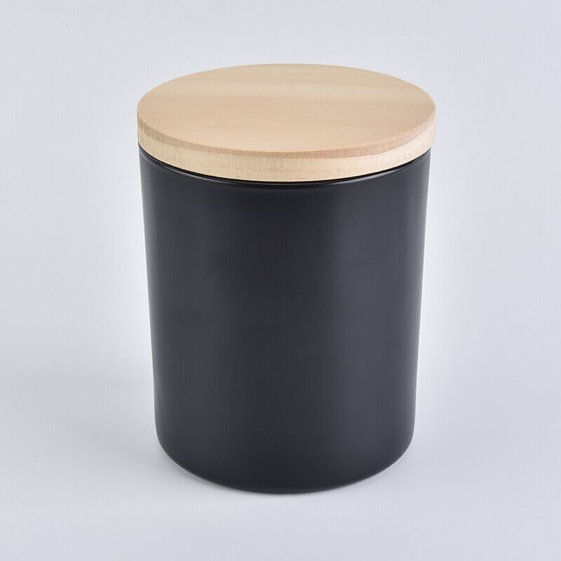Vaso di candela in vetro nero opaco 12oz con coperchio in legno