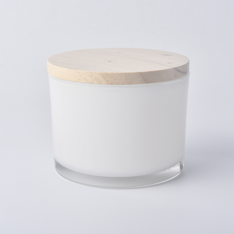Pote de vela de vidro branco de 14 onças com tampa de madeira