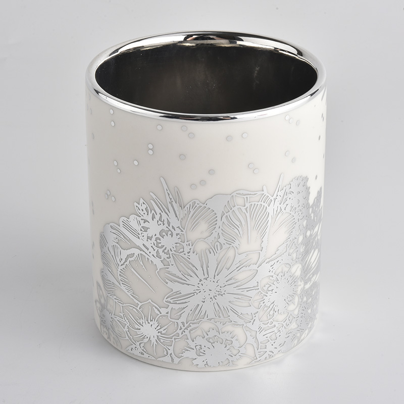 Tarros de vela de cerámica con patrón plateado en relieve de 14 oz