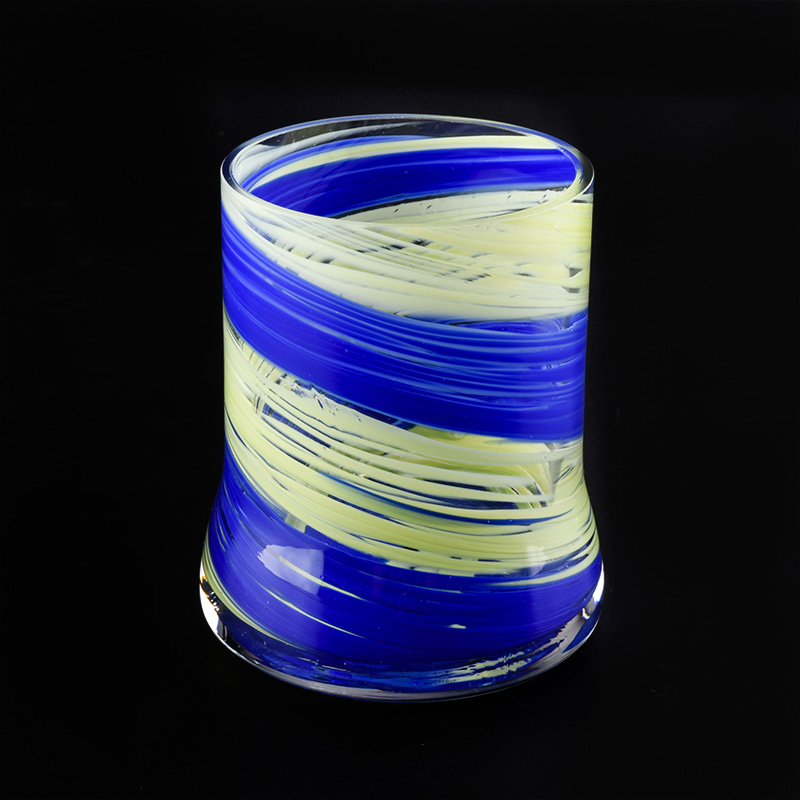 Frasco de vela de cristal de 14 oz con seda azul decorado