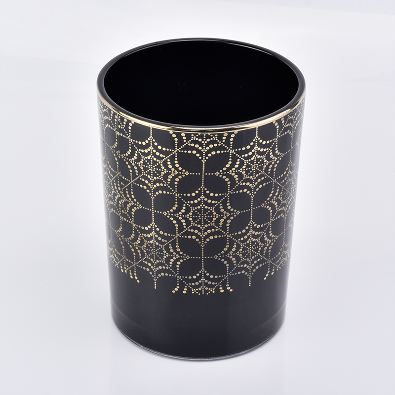 Pote de vela de vidro branco e preto de 14 onças com design em cor de ouro