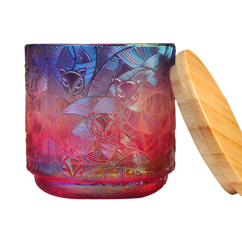 木製のふたのキツネのパターンが付いている15oz虹色のエンボスガラス蝋燭の船