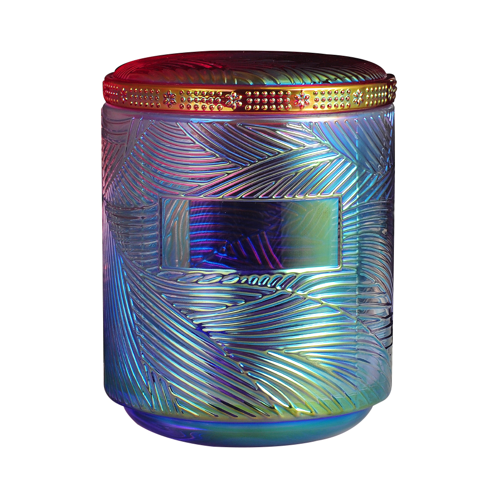 Vasetti della candela di vetro iridescente di lusso 18 once con la foglia di progettazione del modello della vena