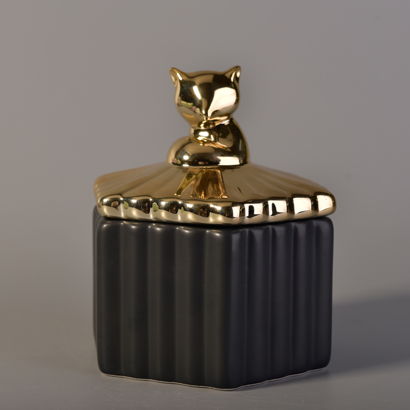 204ml狐狸动物造型盖黑色陶瓷蜡烛罐