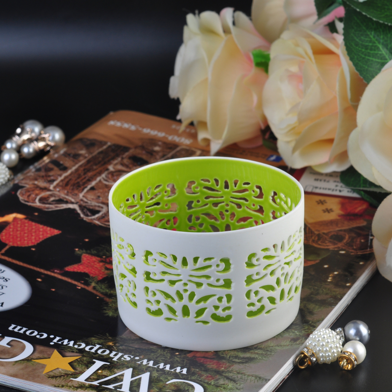 3 ' suporte de vela de cerâmica branca com interior verde