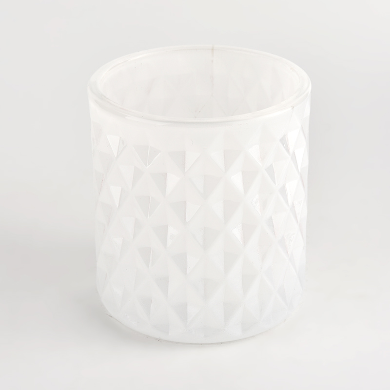 300 毫升菱形图案光面白色玻璃蜡烛容器批发