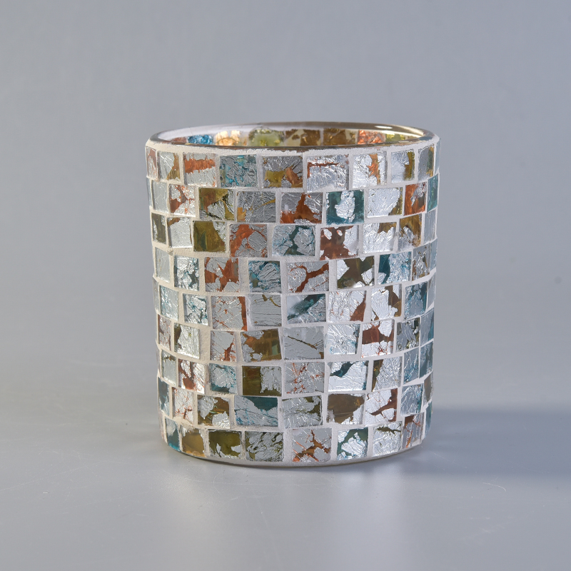 320ml Kaca silinder yang dihiasi dengan pemegang lilin dengan Hiasan Mosaic