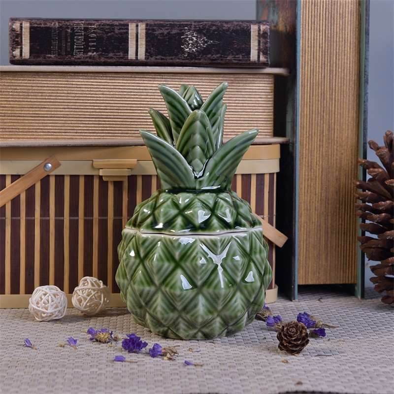 370ml Ensembles de bougies en céramique en forme d'ananas vert et vernis avec couvercle