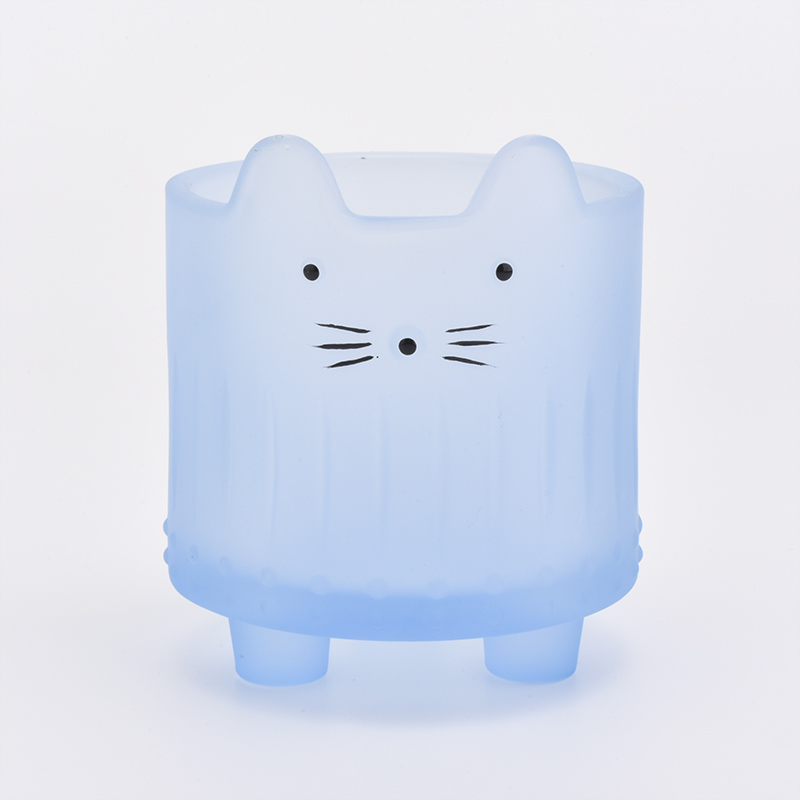 Bougeoir en verre 400ml avec tête de chat couleur bleu mat