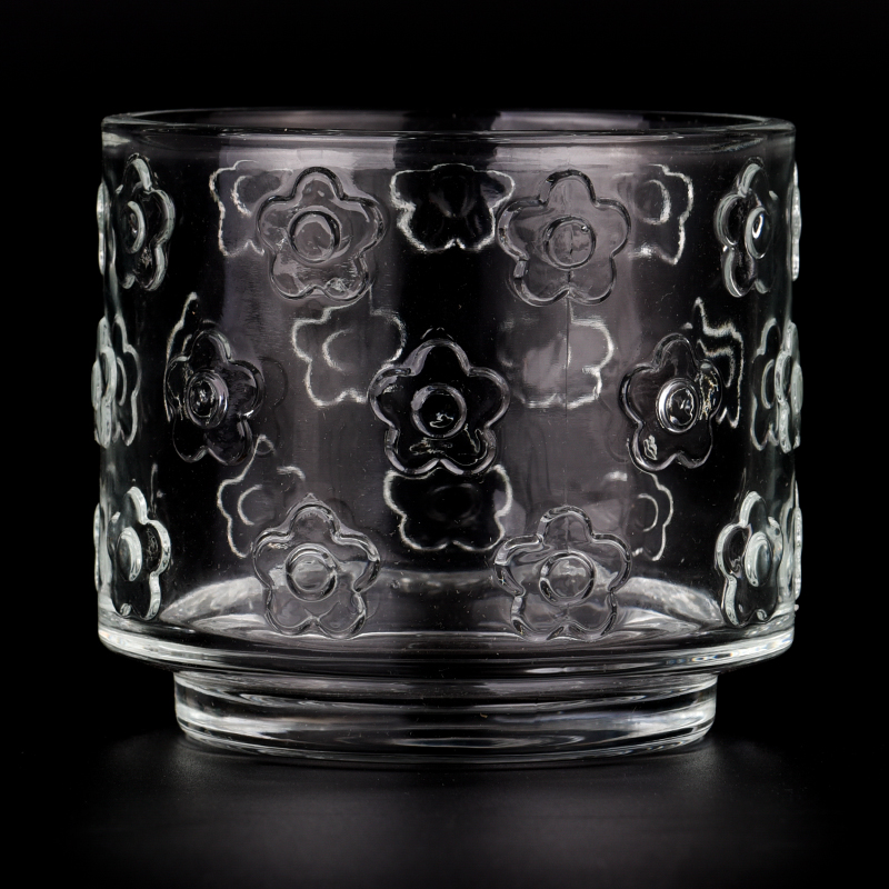 455ml relief flower pattern glass candle jar wholesale