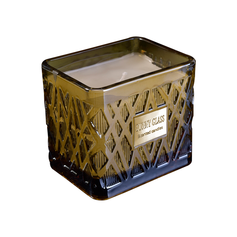 550ml 19oz 20 oz vacío rectángulo rectángulo contenedores de vela de cristal al por mayor diseño de cuadrícula
