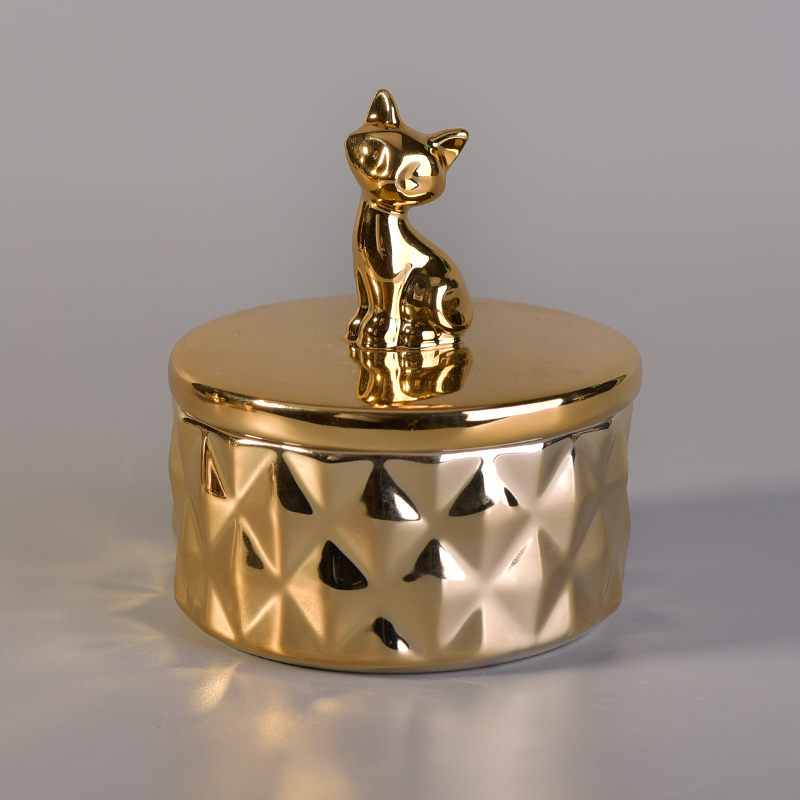 7oz带有动物盖子猫的金色陶瓷罐