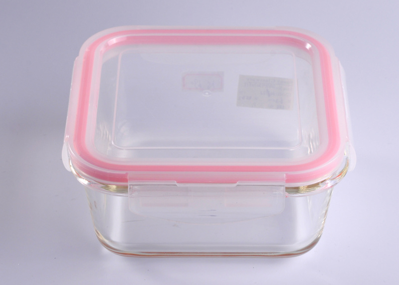 Tenuta d'aria cibo Square vetro di copertura pentole con coperchio in plastica rosa