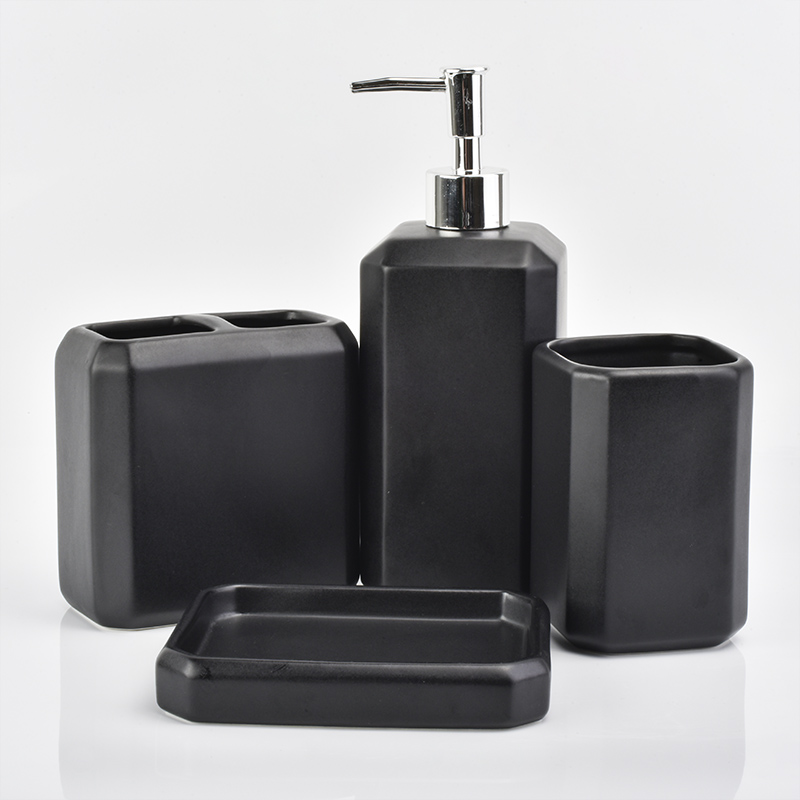 Black ceramic bathroom set toothbrush holder tumbler soap dish soap dispenser pump