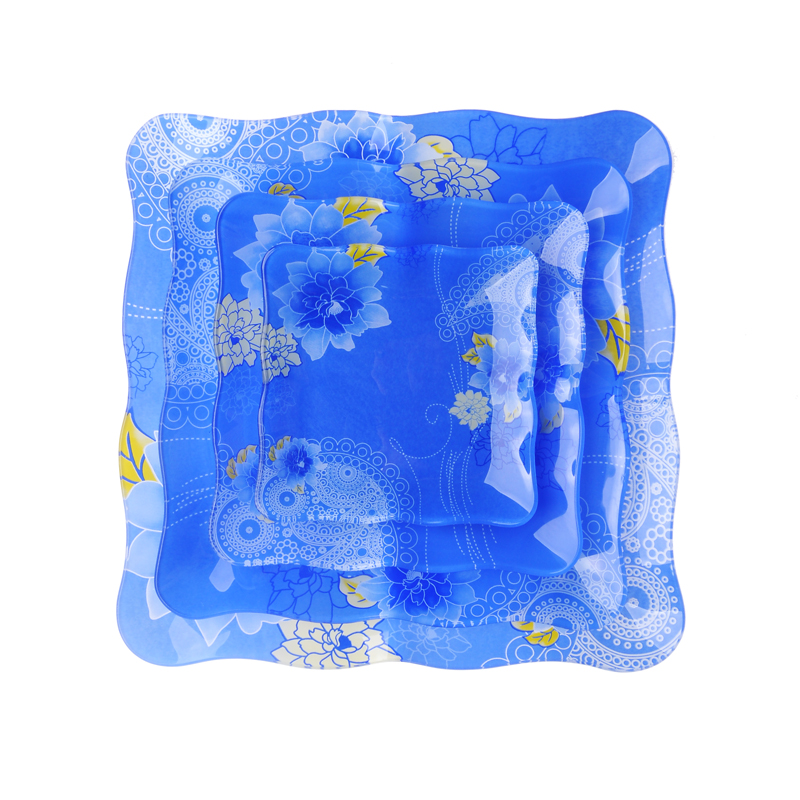 Decalque azul impressão prato de frutas de vidro