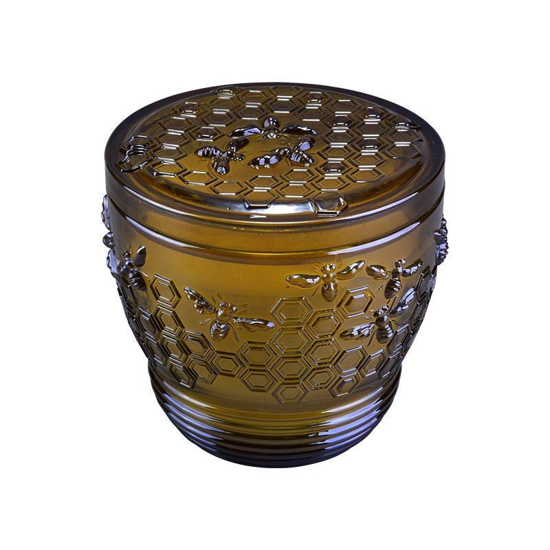 批发15oz玻璃蜡烛罐带盖浮雕蜂巢图案设计