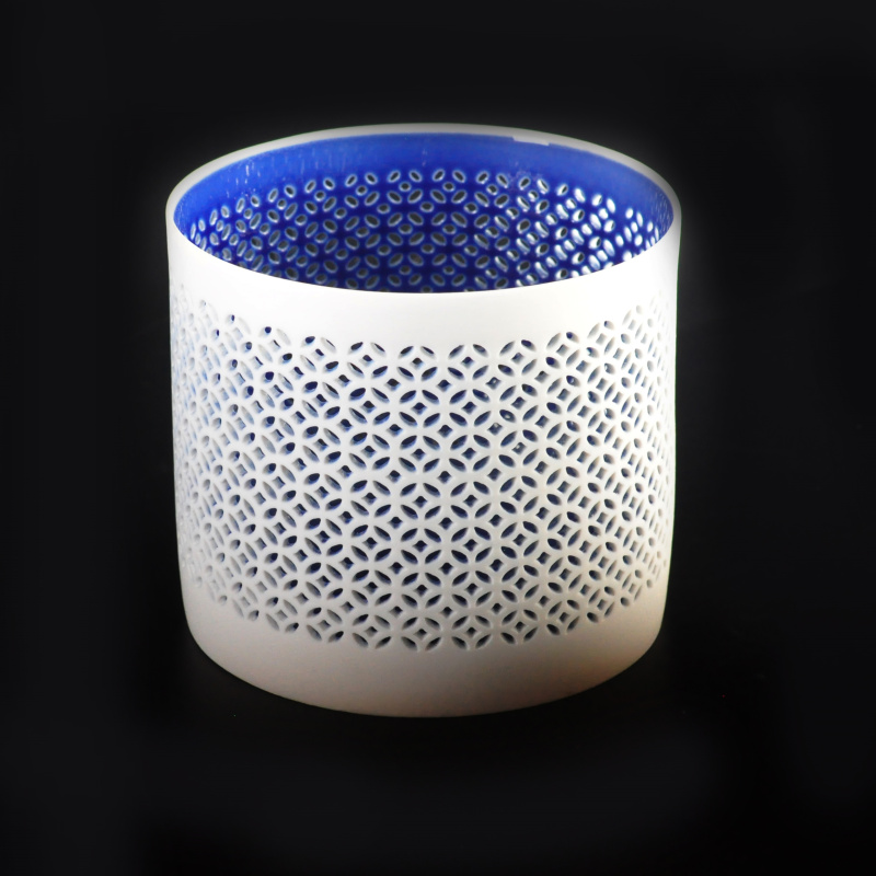 Photophore en céramique extérieur blanc mat à l’intérieur bleu mat