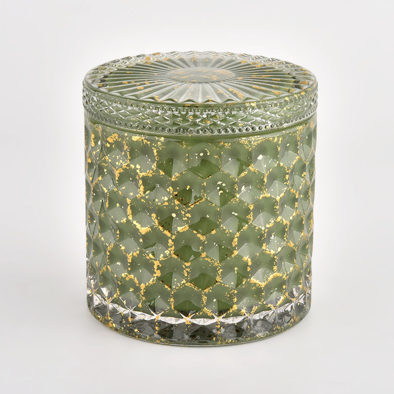 Christmas green basket weave pattern glass candle jar with glass lid