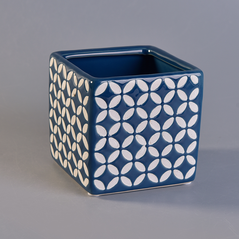 Portacandele in ceramica blu quadrati classici con stampa personalizzata
