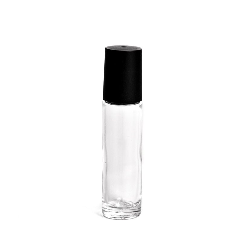Прозрачная стеклянная бутылка с черной крышкой для малой емкости оптом