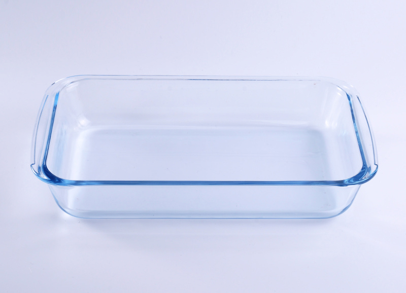 Plat pengecas kaca pyrex rectangle biru yang jelas