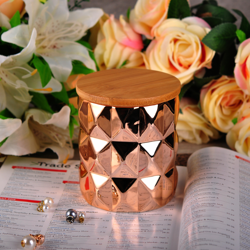 Copper velas de cerámica soporte con tapa de madera