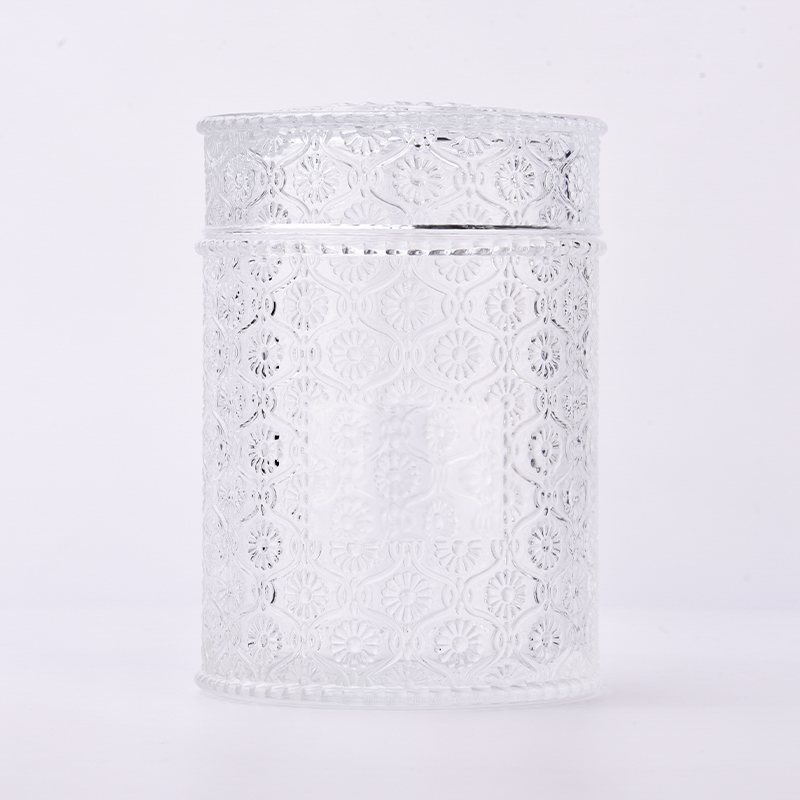 Custom Modern 741ml glass candle jar with lid flower pattern candle vessels bulk