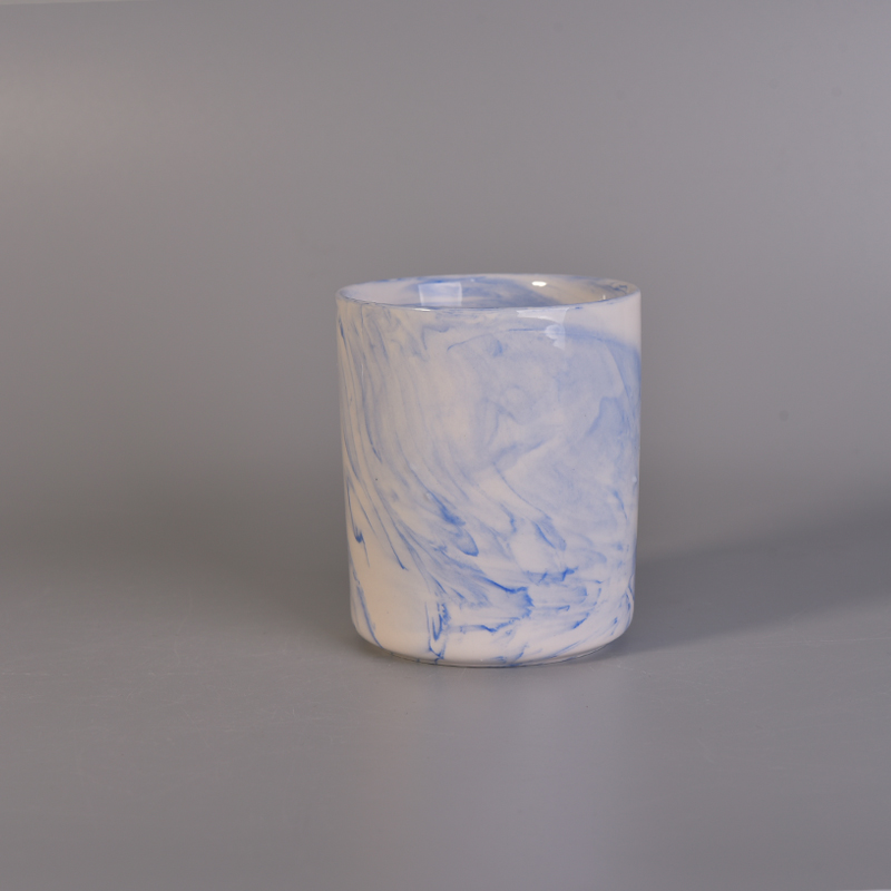 Décoration populaire de bougeoir en céramique bleu modèle de marbre de cylindre