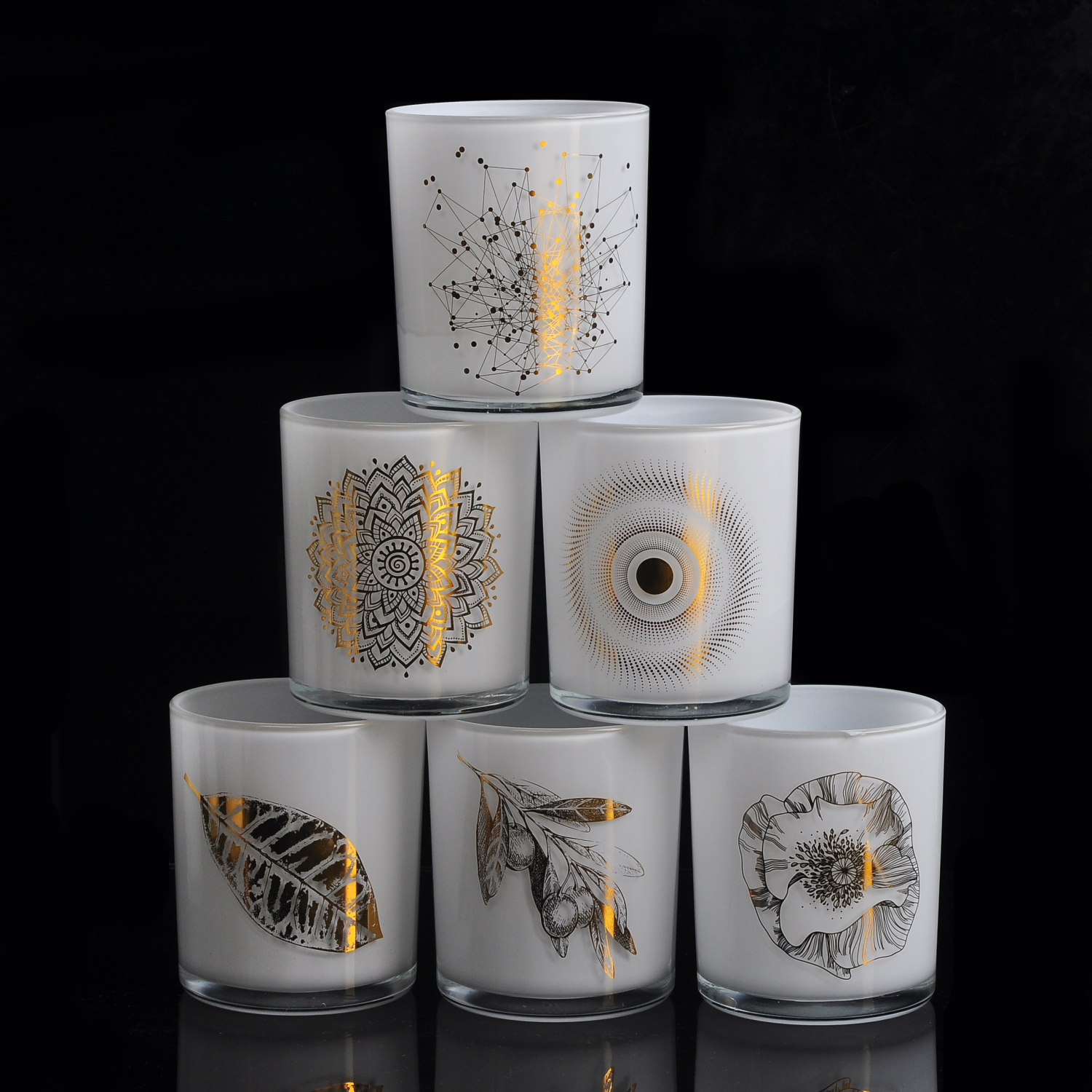 Cylinder White Glass Candle Jars With Gold Decoration