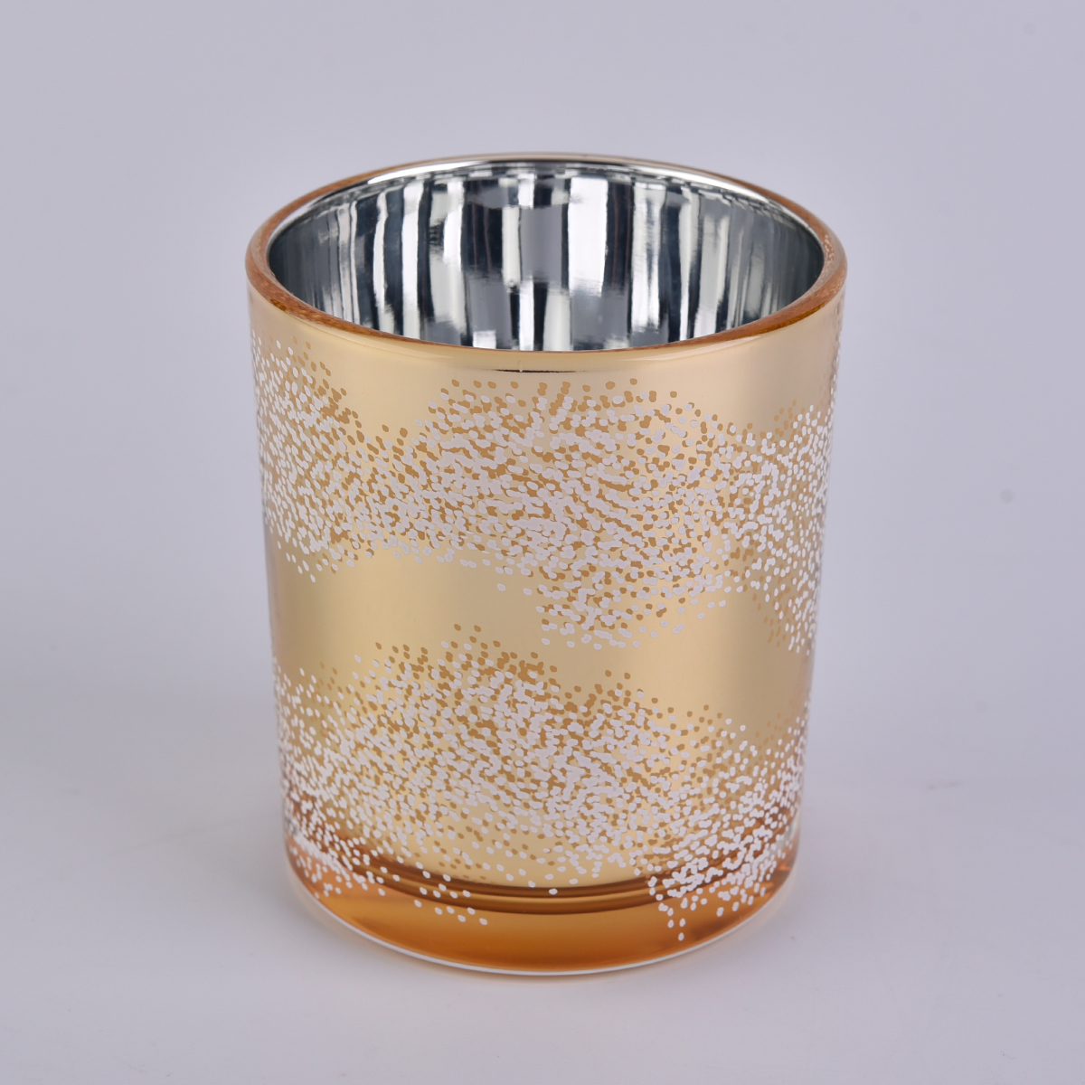 Gold glass candle jar with white dots