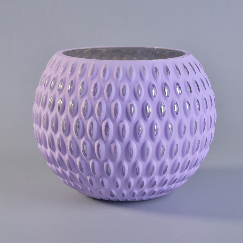 Jarrón de velas de vidrio púrpura en forma de bola de patrón en relieve