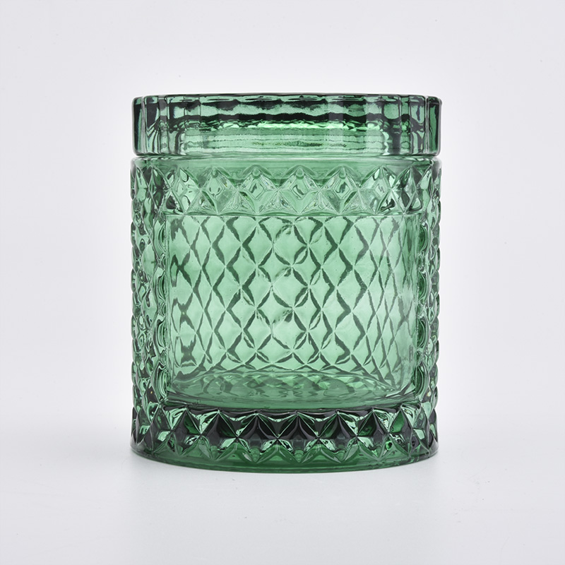 GEO Cut Green Translucent Glass Candle Jars With Lids