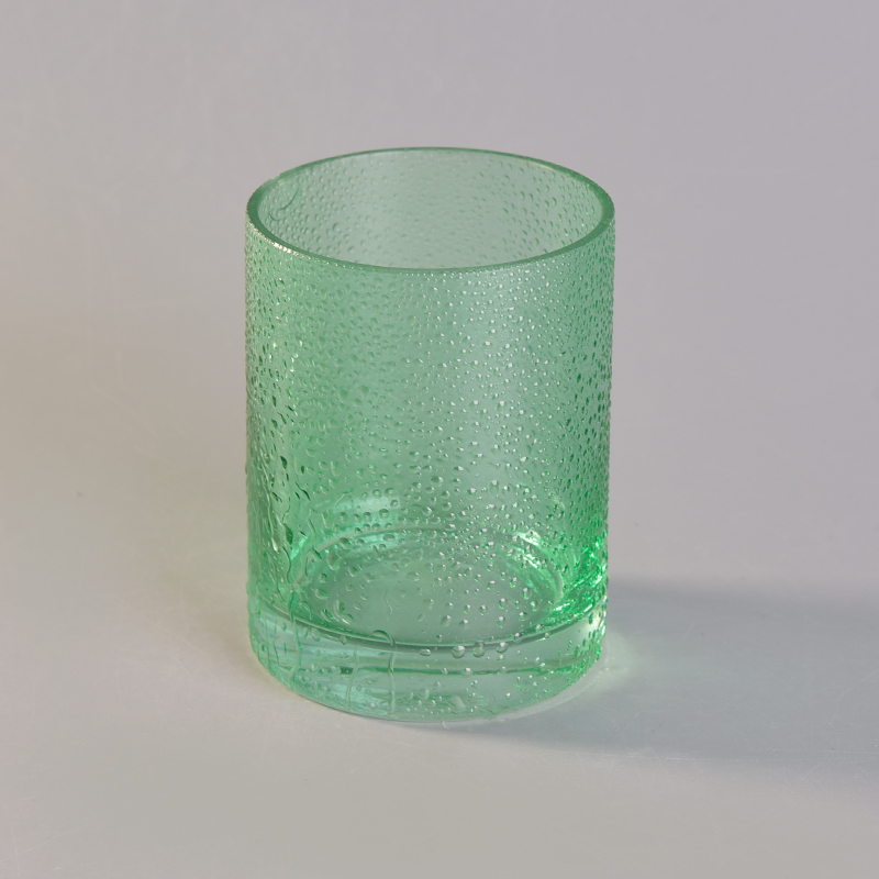 Frasco de vela de vidro verde feito à mão com acabamento de gota de chuva