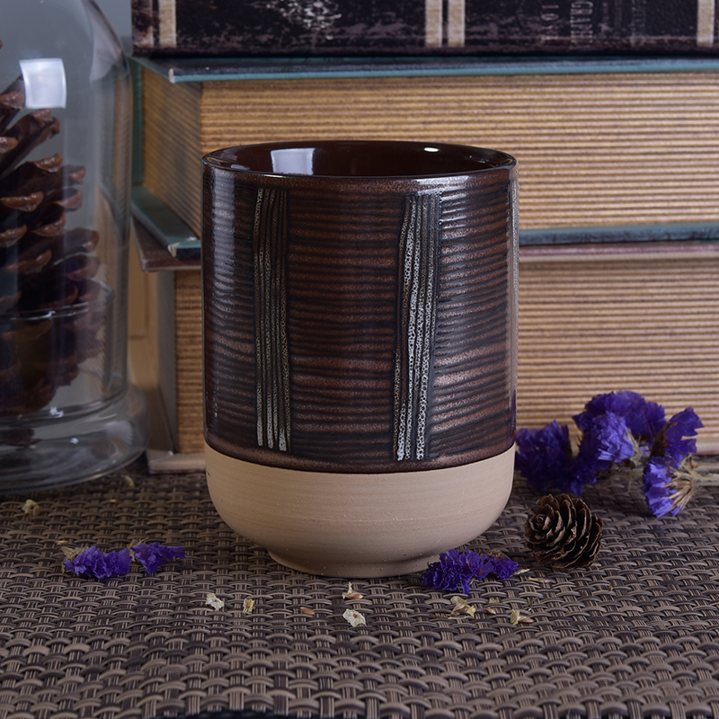 Handgemachte runde Keramik Kerze Gläser mit Hand paitning Linien Dekoration
