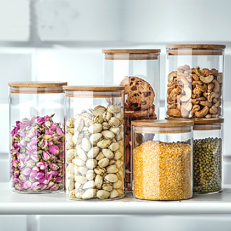 contenitore per alimenti in vetro borosilicato di alta qualità con coperchi di legno