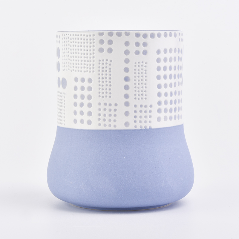 Cilindro de decoração para casa rodada fundo totem padrão azul jarra de vela cerâmica