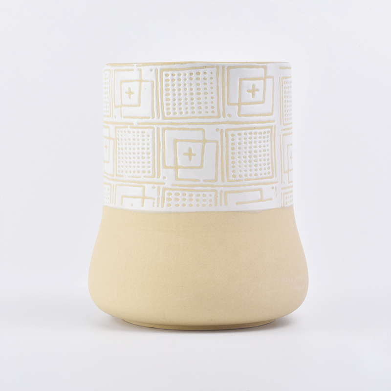家居装饰圆筒圆底图腾图案黄色陶瓷蜡烛罐