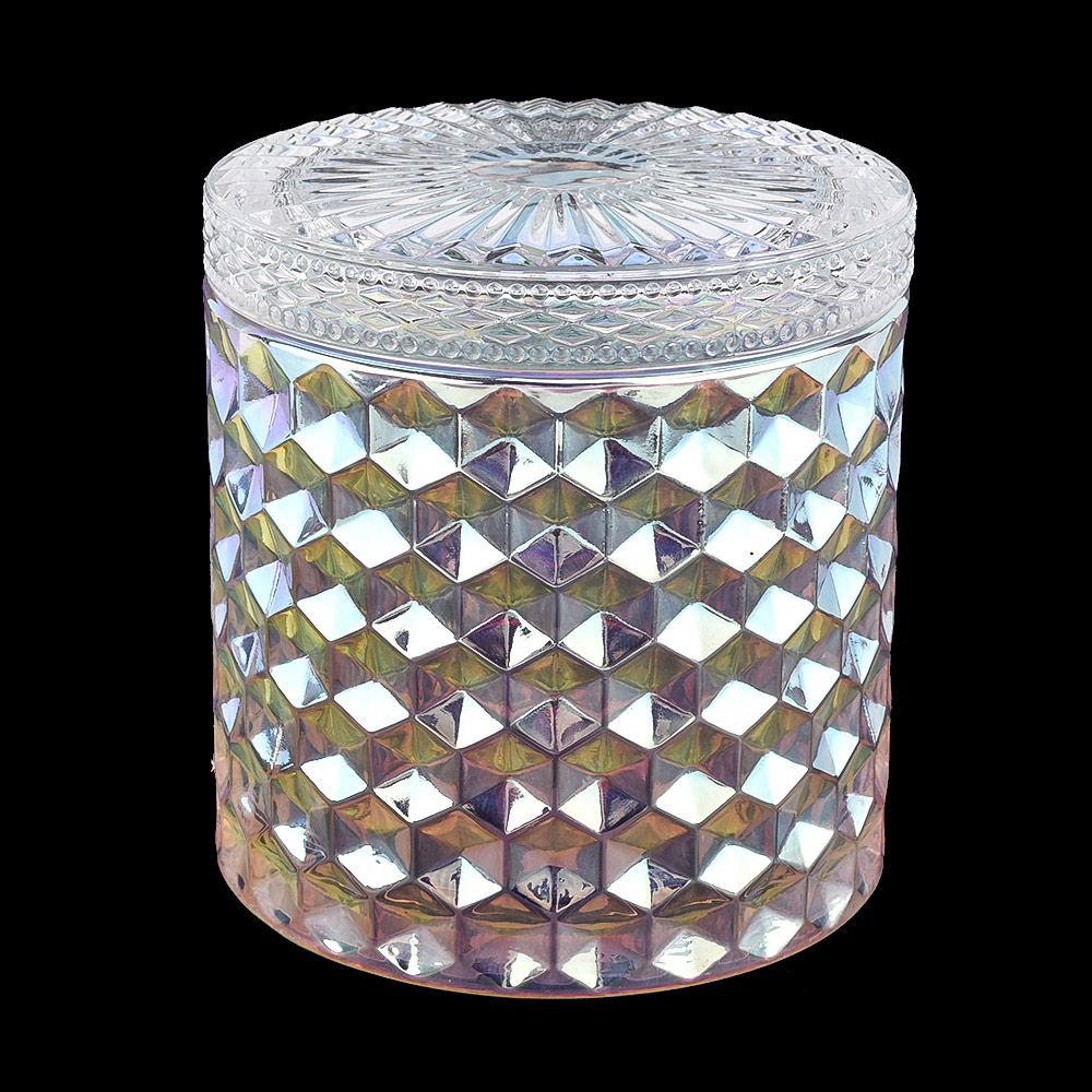Hot Sale Iridescent glass candle jar with lids diamond glass jars