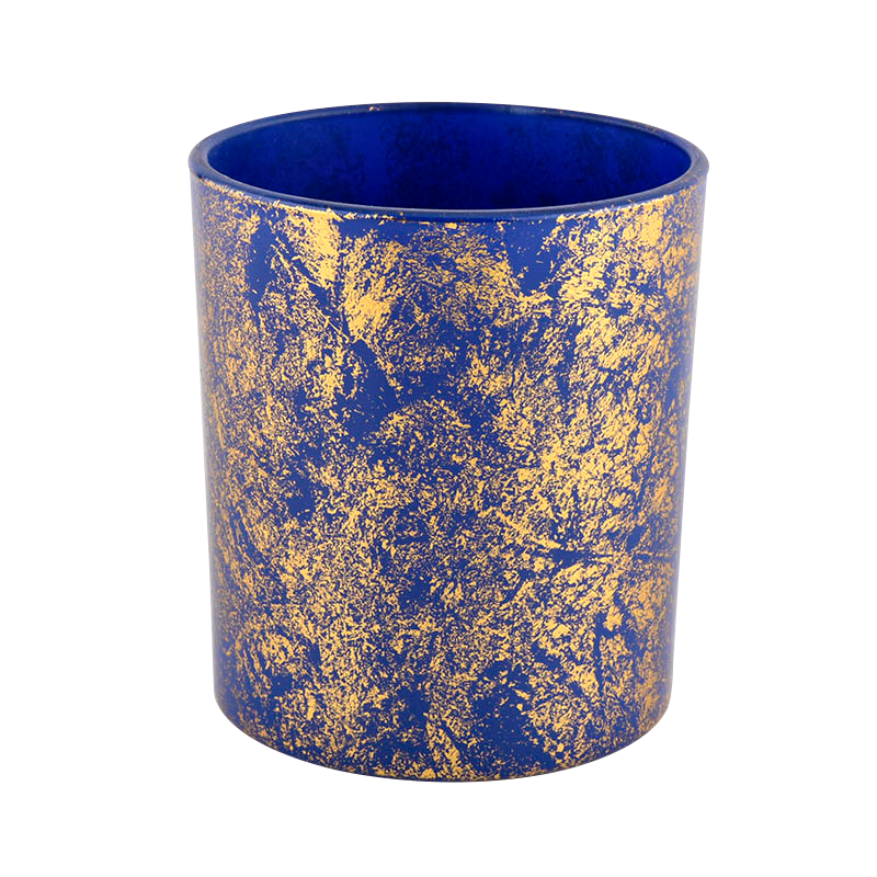 热销定制金色印花灰尘蓝色玻璃蜡烛罐