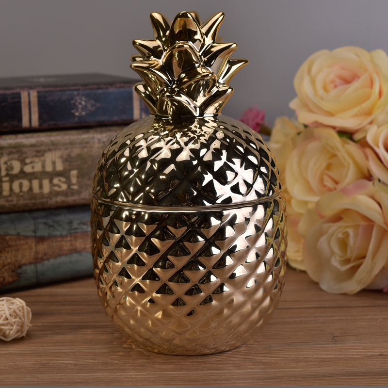 Jarra de cerámica vendida caliente de la vela de la piña del oro hecho a mano nuevamente con las tapas