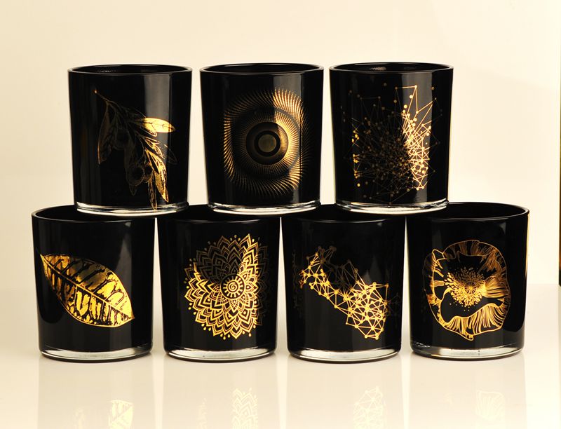 En stock vasos de vidrio al por mayor personalizados tarros de vela impresos negro