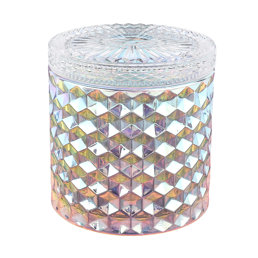 Iridescent glass candle jar with lids wholesale