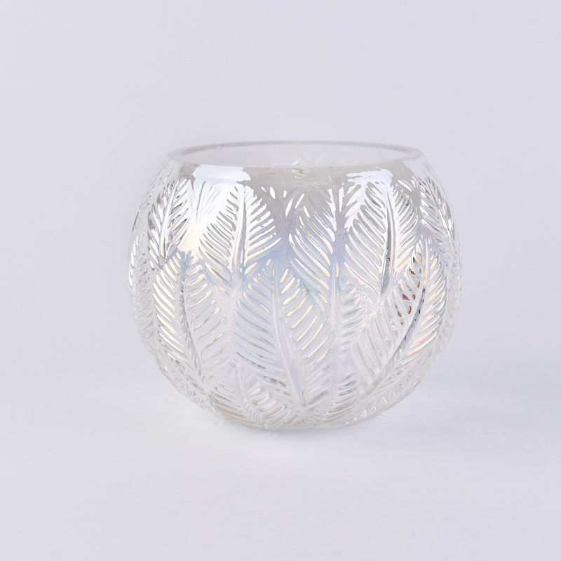 Suporte de vela de vidro bola branca iridescente com padrão de folhas