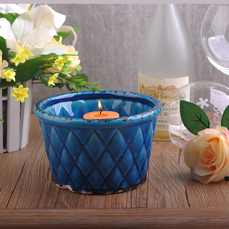Large blue ceramic candle holders