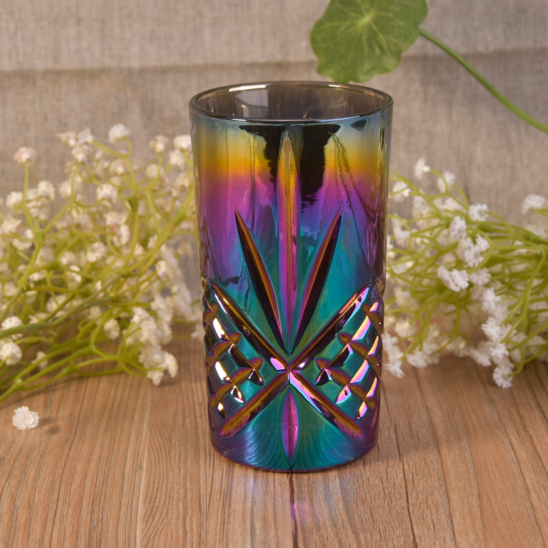 長いシリンダーエンボス装飾カラフルな虹色のガラスキャンドルカップ