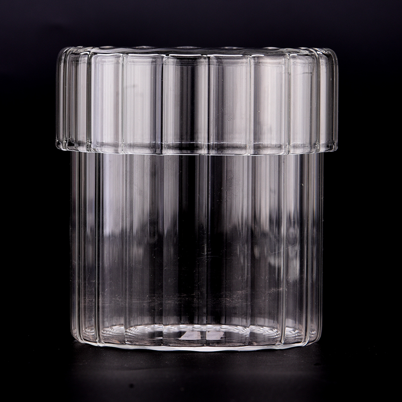 豪华定制18OZ垂直线玻璃蜡烛罐带盖子