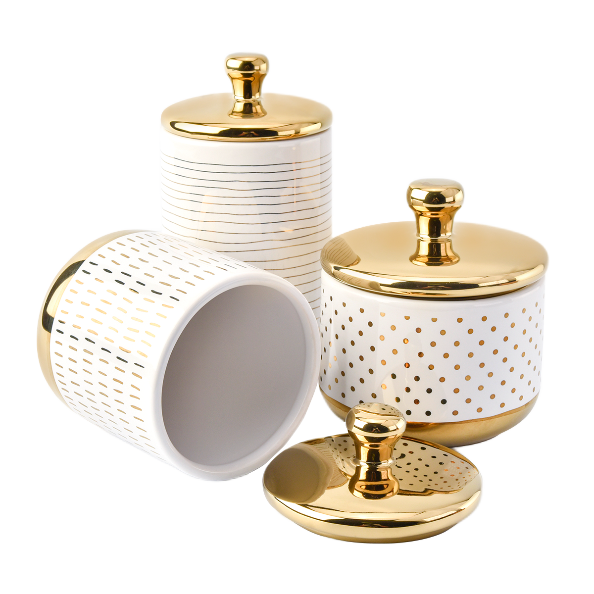 Barattoli di candele in ceramica bianca di lusso con finitura a placcatura per isolamento del coperchio dorato