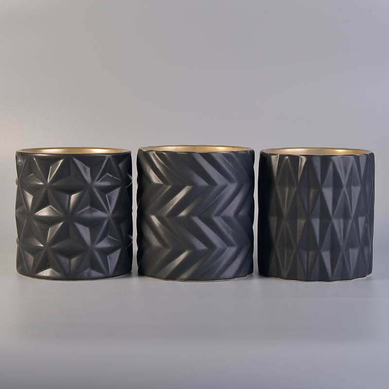 Commercio all'ingrosso di barattoli di candela in ceramica con cilindro inciso nero opaco